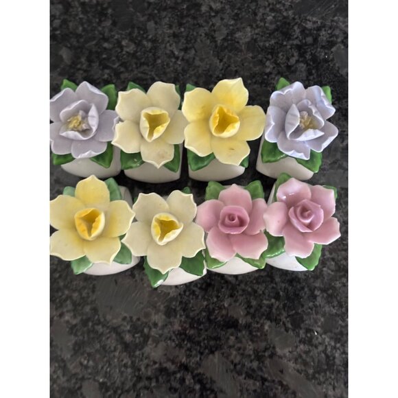 Set Of 8 Diamantine China Floral Napkin Rings Pink Roses & Yellow Daffodils - Picture 3 of 16